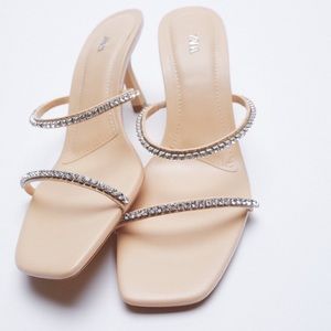 Zara Rinestone Strap Heeled Sandals - Nude Leather - Size 7.5